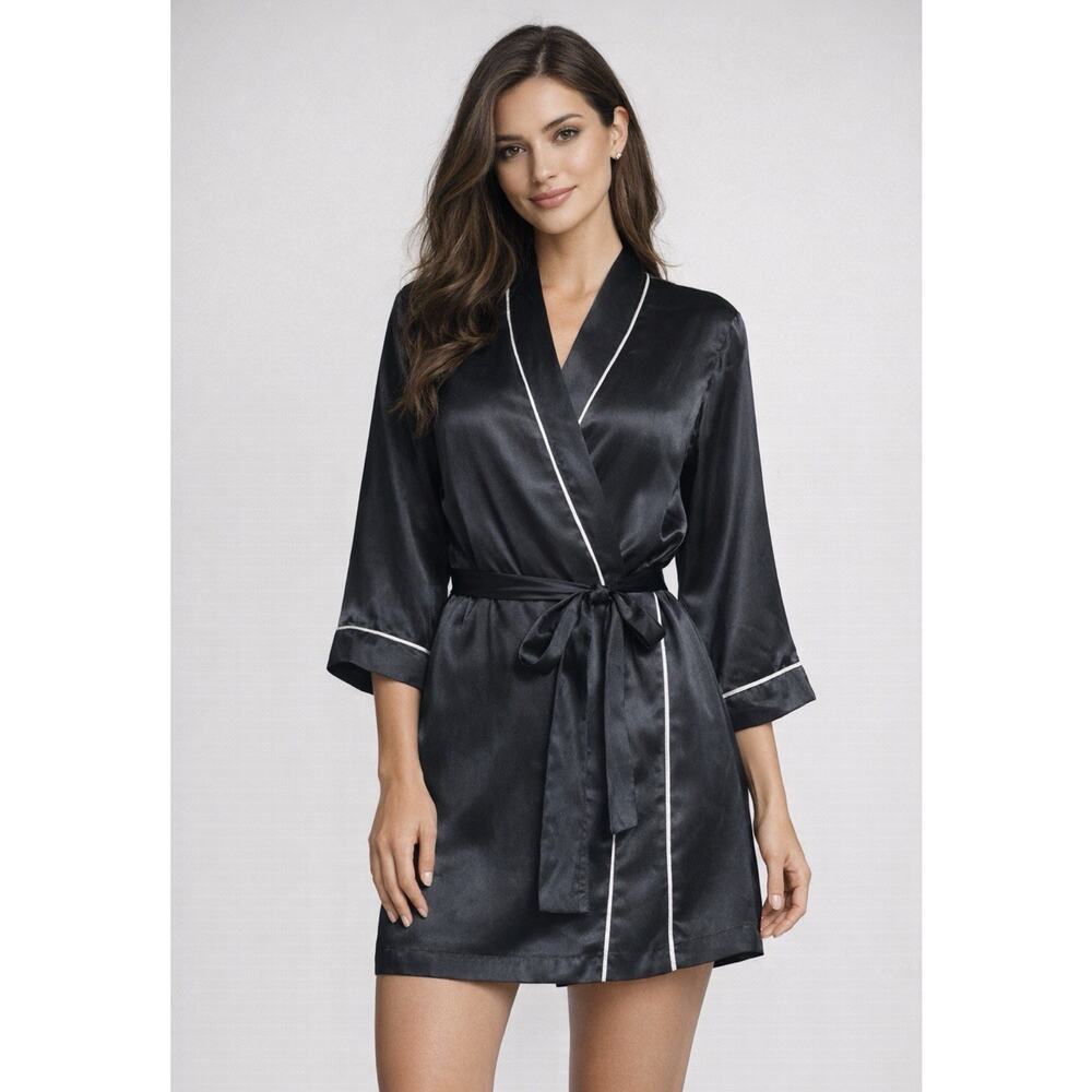 August Silk Intimates Black Silk Wrap Robe White Piping Women’s Size M Kimono